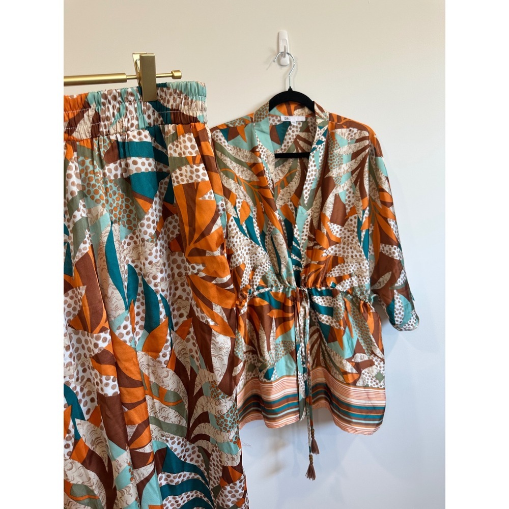 DR2 Tropical Print 2 Piece Set Kimono Wrap Top Wide Leg Pants Orange Teal S/M